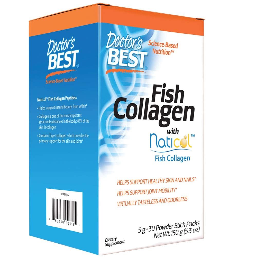 Doctor's Best Fish Collagen w/Naticol Fish Collagen, Supports Skin, Nails, Joints, 30 Powder Stick Pack