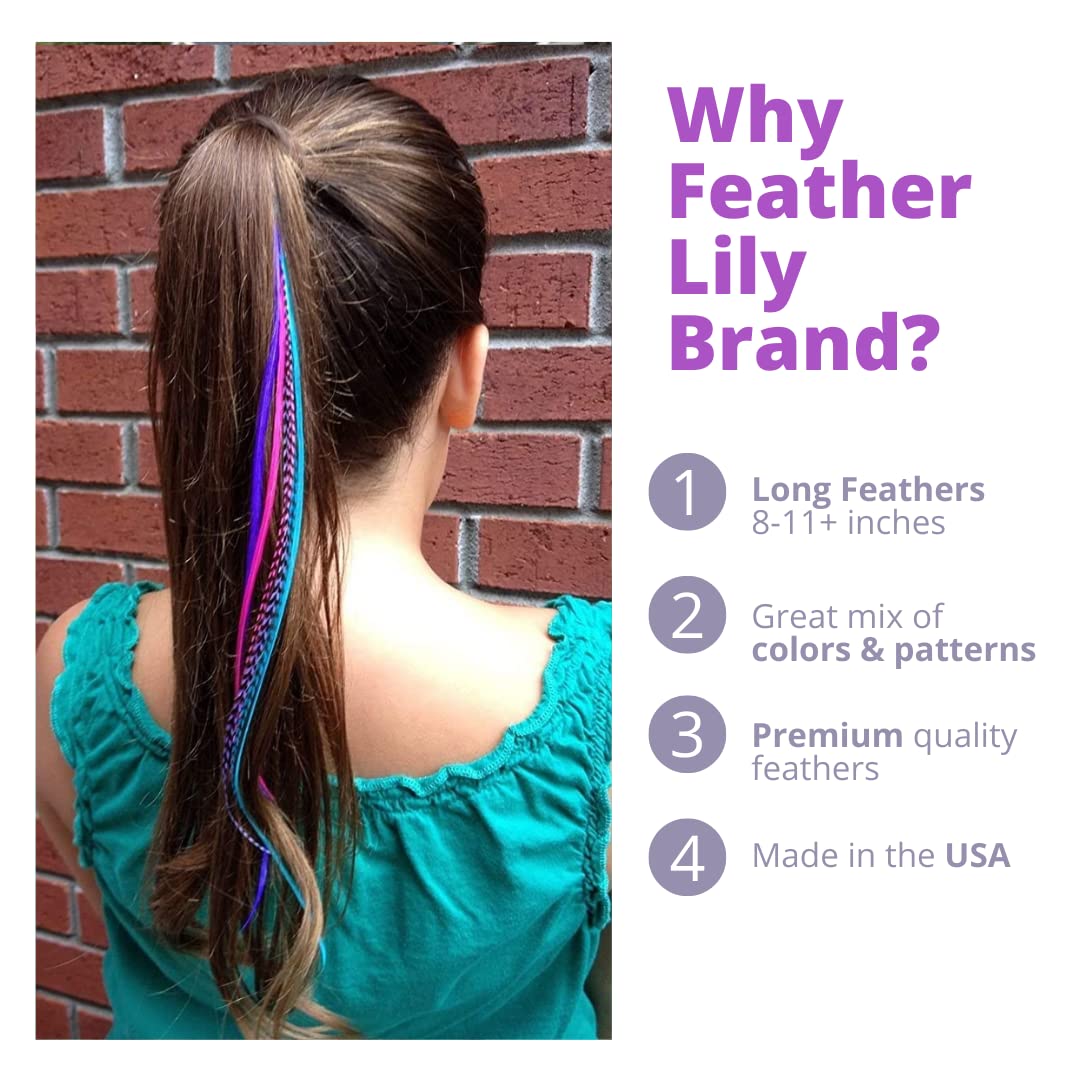 Feather Hair Extensions, 100% Real Rooster Feathers, Long Pink, Purple, Blue Colors, 20 Feathers with Bonus FREE Beads and Loop Tool Kit