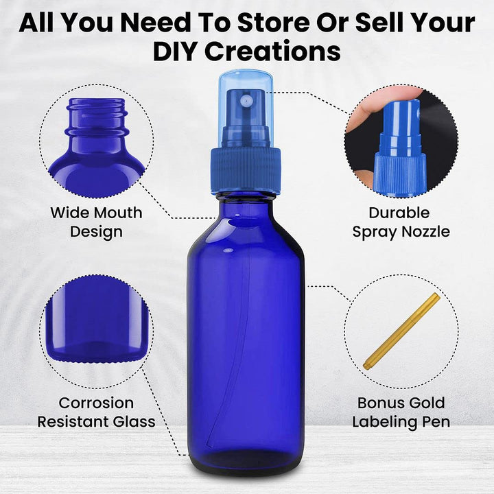 Culinaire 2oz Glass Spray Bottles with Gold Pen Marker, Small Spray Bottle for Hair Spray, Essential Oil, Colognes, and Hand Sanitizers, Blue, Pack of 12
