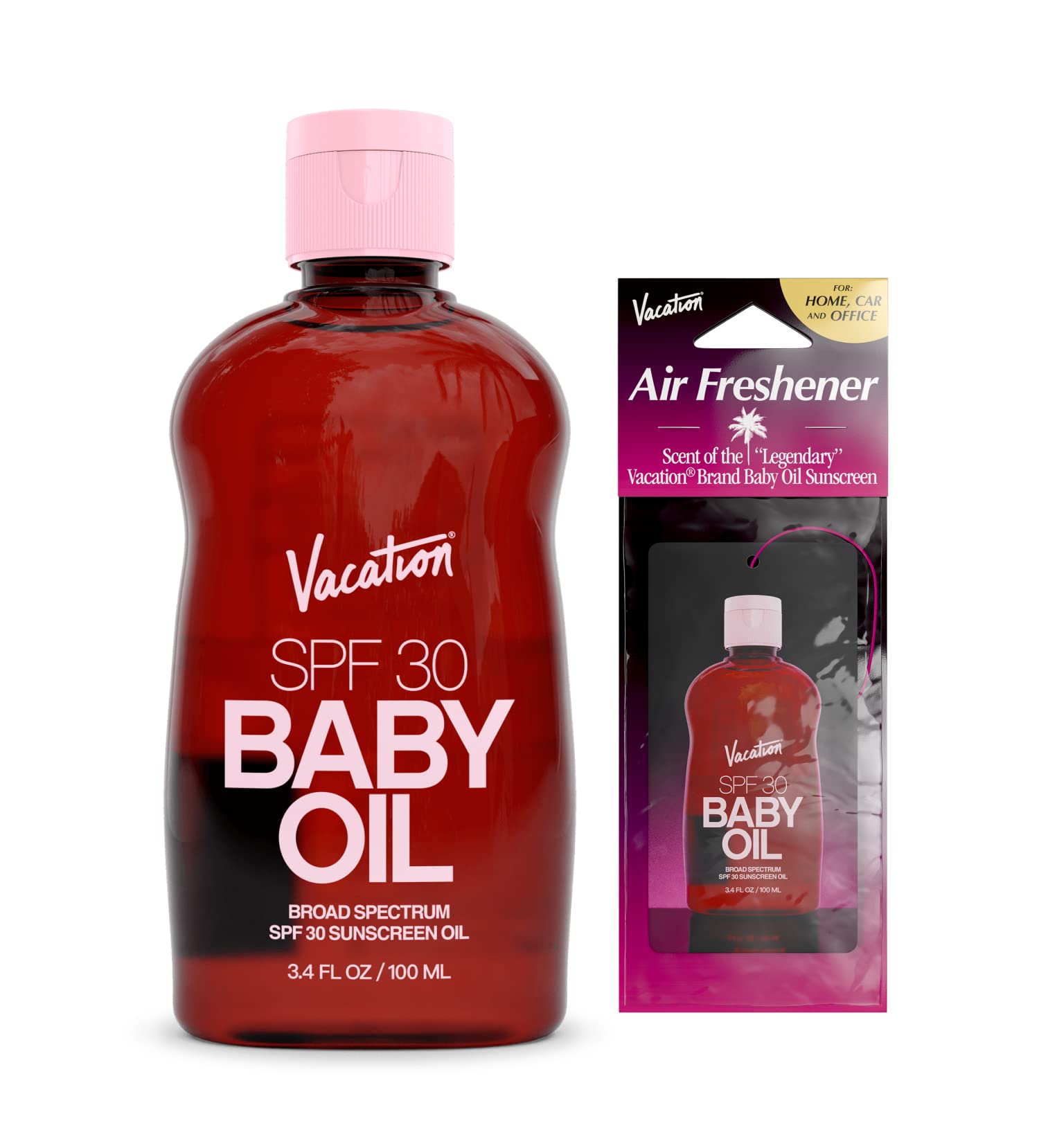 Vacation Baby Oil SPF 30 & Air Freshener Bundle, Hydrating & Nourishing, Mineral-Oil Free, Lightweight Formula, Transparent On All Skin Tones, Travel Size Sunscreen, 3.4 Fl. Oz.
