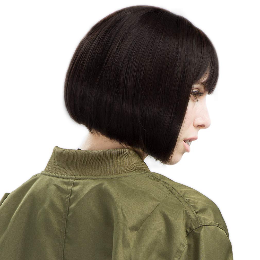 REECHO 11 Short Bob Wig with bangs Synthetic Hair for White Black Women Color: Black Brown