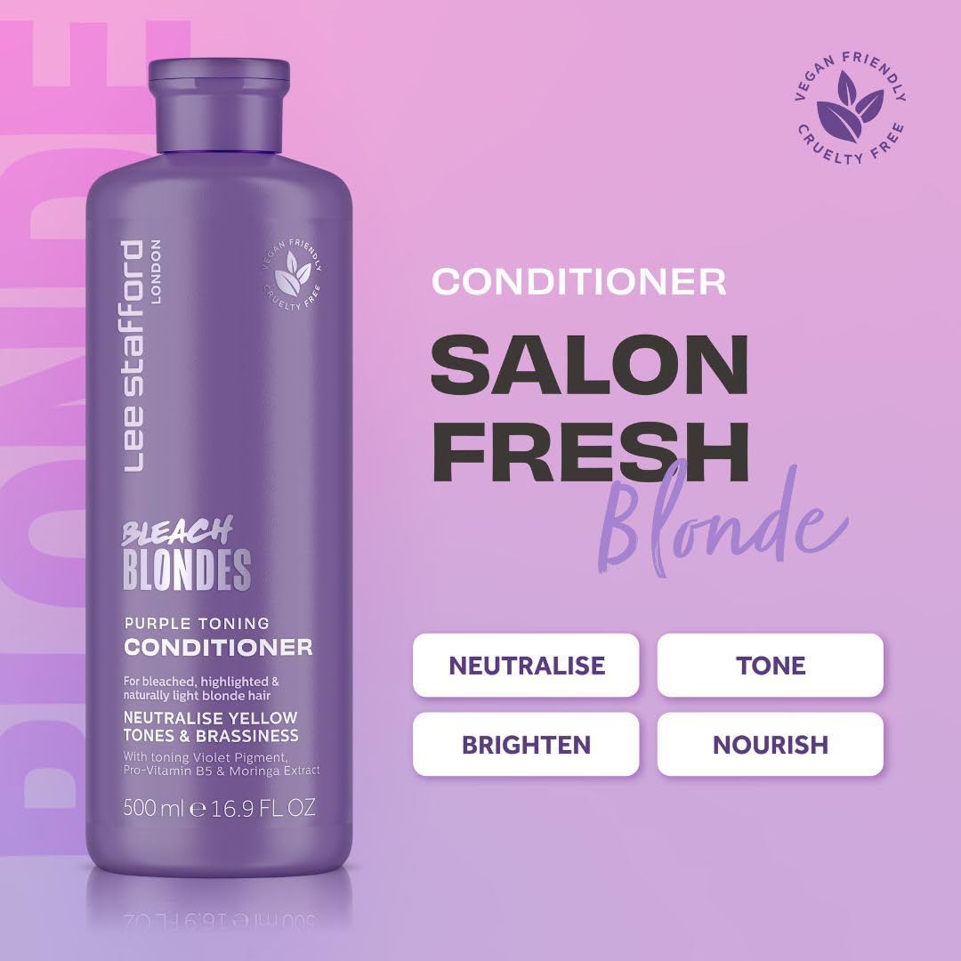 Lee Stafford Purple Toning Conditioner | Bleach Blonde Collection - Neutralize Brass & Yellow Tones, Great for Colored, Silver, & Grey Hair, 16.9 FlOz