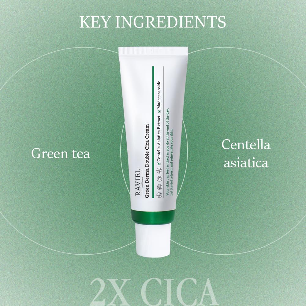RAVIEL Green Derma Double Cica Cream | Redness relief for face | Calming & Soothing Skin barrier moisturizer for Sensitive Skin | Korean skin care (1.69 fl oz, Pack of 2)