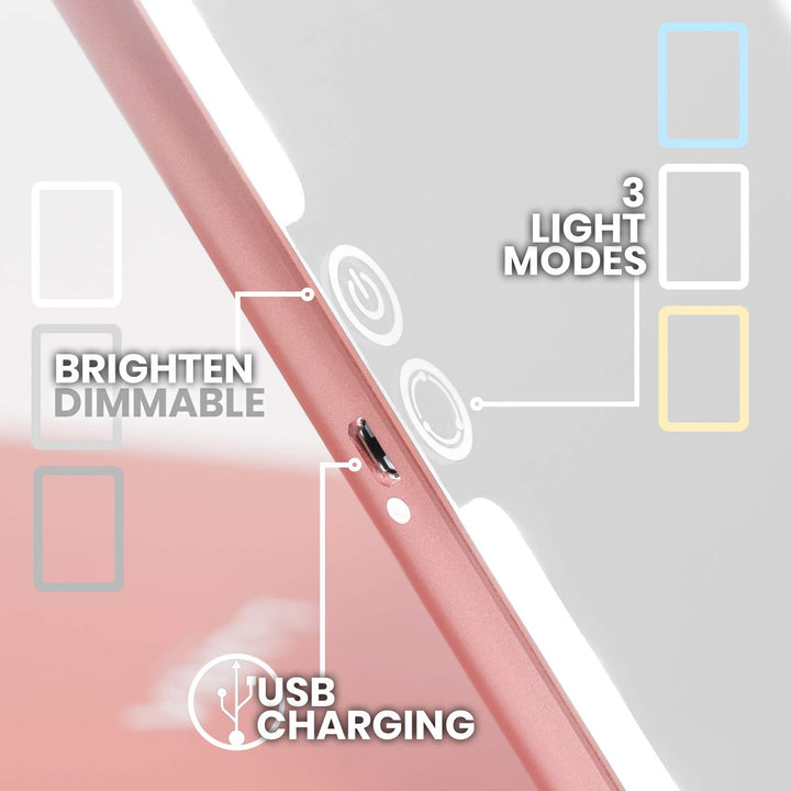 LUNA London Eclipse LED Lighted Travel Vanity Makeup Mirror | 3 Colour Light, Compact, Portable, Lighted, Rechargeable, Illuminated Mirror | Perfect for Travel, Makeup & Beauty Needs | Rose Gold