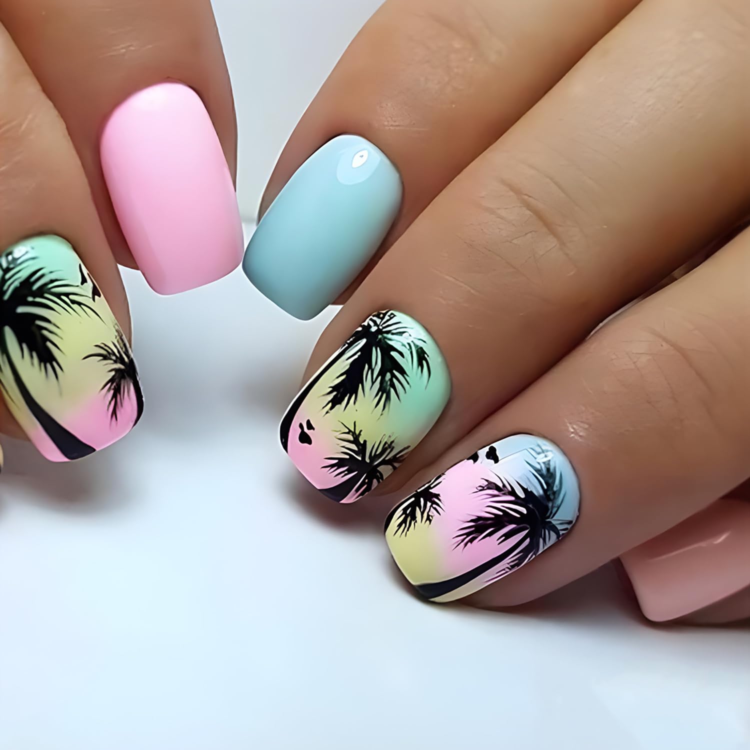 24pcs Short Press-on Nails: Square Fake Nails with Palm Tree, Blue Pink Designs, Glossy Full Cover Acrylic Artificial Nails for Summer