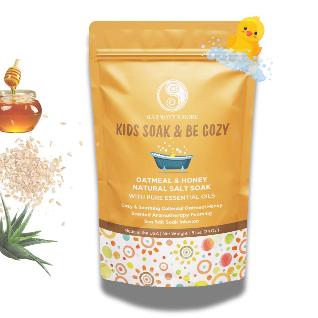 Harmony N More Oatmeal Honey Kids Bath Salts - Organic Bath Soak for Baby Essentials, Natural Bath Salt, Soothing & Gentle Skin Care for Babies, Toddlers, and Children - 24oz.