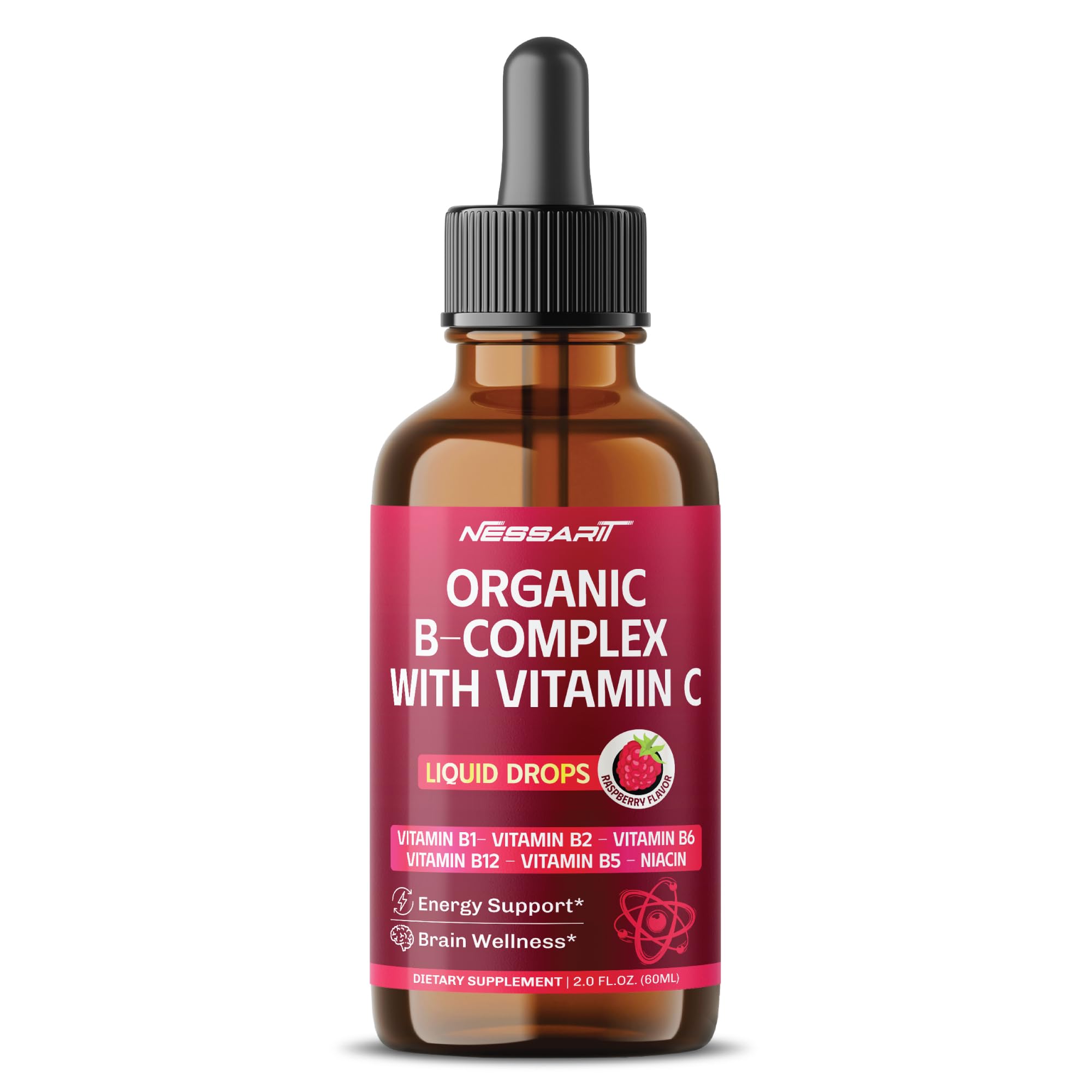 NESSARIT Organic B-Complex Liquid Drops with Vitamin C - B1, B2, B6, B12, B5, Niacin - Energy Support, Brain Wellness - Raspberry Flavor - Made in USA - 2.0 fl oz (60ml)