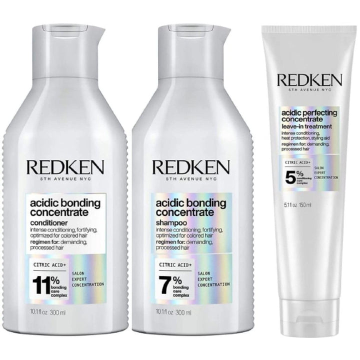 Redken Acidic Bonding Concentrate Shampoo, Conditioner & Treatment Set For Damaged and All Hair Types - Repair and Strengthen Weak Hair Bonds With Citric Acid