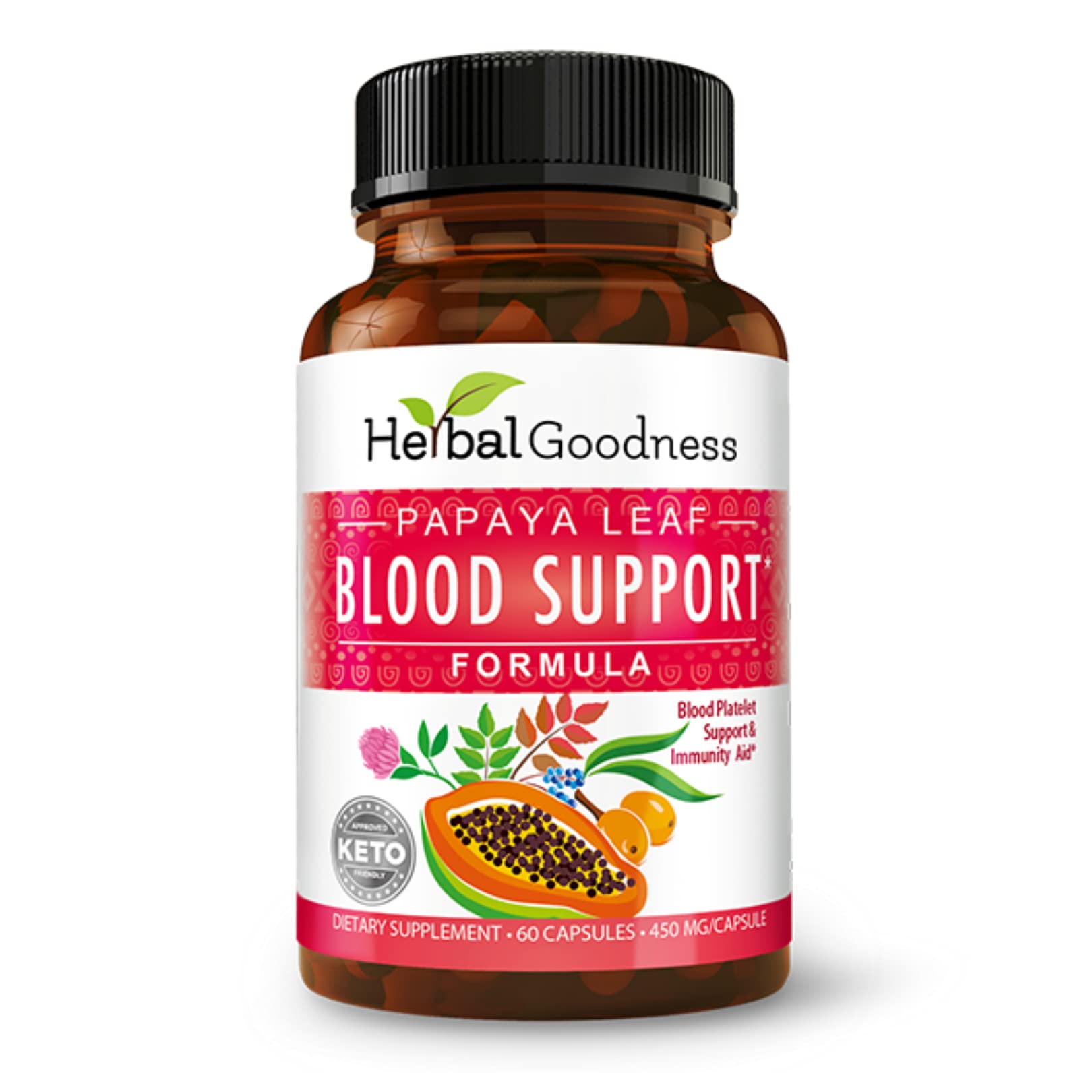 Herbal Goodness Papaya Leaf Blood Support Capsules - Platelet & Bone Marrow Health, Immunity Support & Blood Cleanse - 60/450mg Veggie Capsules (1 Bottle)