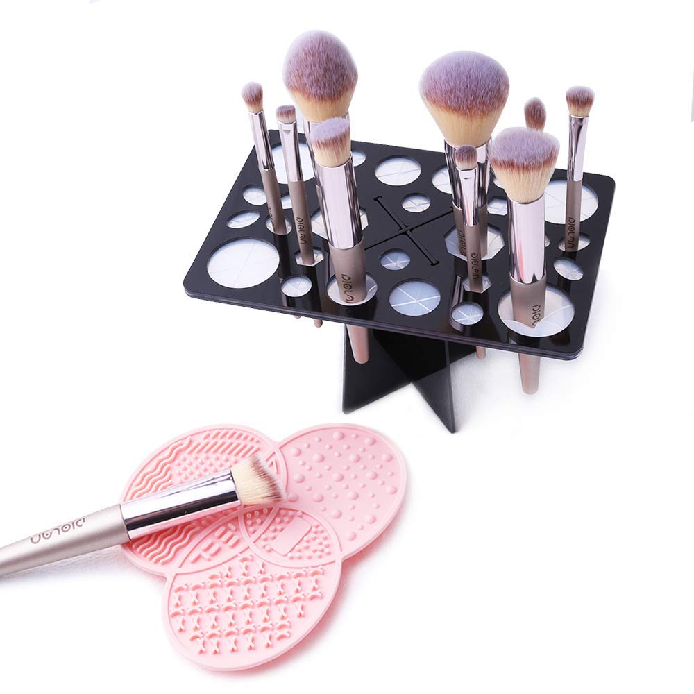 Makeup Brush Cleaner, Diolan Makeup Brush Organizer & Makeup Brush Cleaning mat - Silicon Makeup Cleaner Pad (Pink) - Makeup Brush Drying Rack Brush Holder (28 Holes Mix Size, Black)