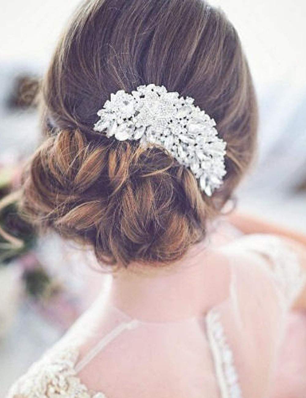 Deniferymakeup Bridal Comb Floral Silver Crystal Leaf Bridal Hair Comb Vintage Inspired Hairpiece Bridal Hair Accessories Crystal Comb Veil Clip