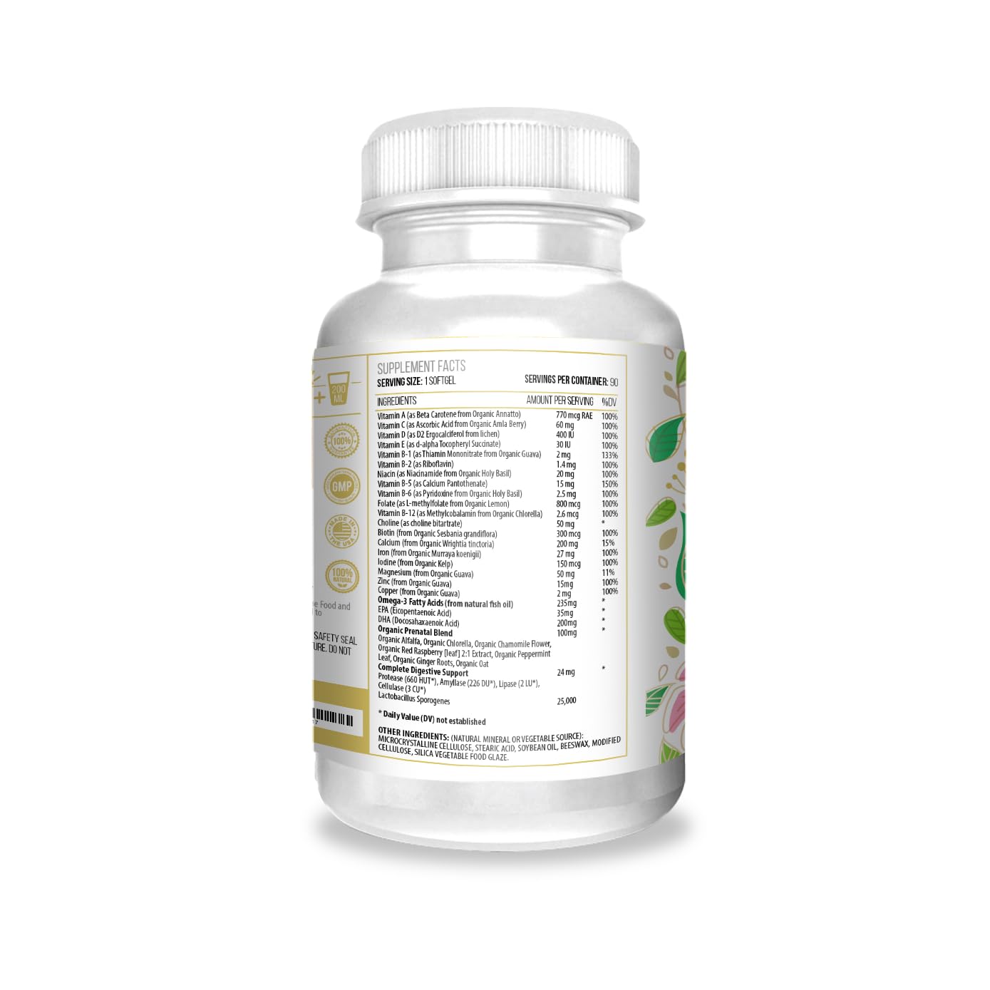 ACTIF Organic Prenatal Vitamin with 30+ Organic Vitamins, 100% Natural, DHA, EPA, Omega 3, and Organic Herbal Blend - Non-GMO, 90 Count