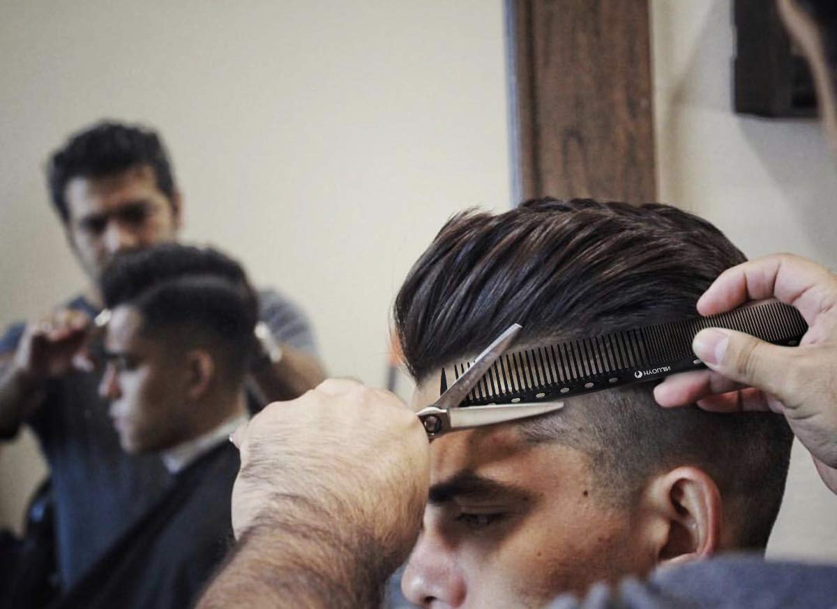 HYOUJIN 605 Black Carbon Fine Cutting Comb 230 Heat Resistant Hairdressing Comb Master Barber Comb with fine tooth-14 holes for cutting and hairstyling