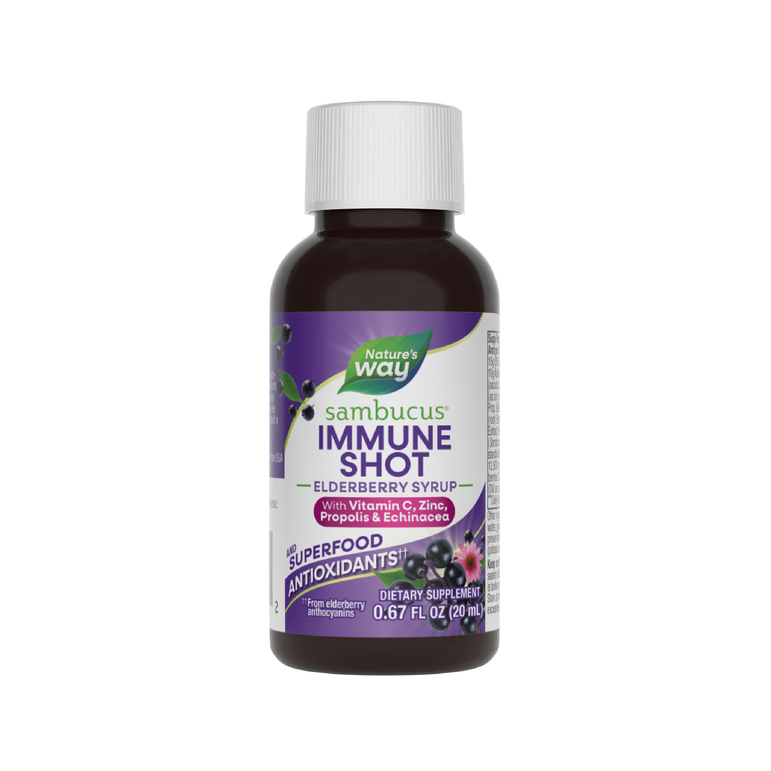 Nature's Way Sambucus Immune Syrup Single Shot, Daily Immune Support*, with Superfood Antioxidants(1), Elderberry, Vitamin C, Zinc, 0.67 Fl Oz x 12