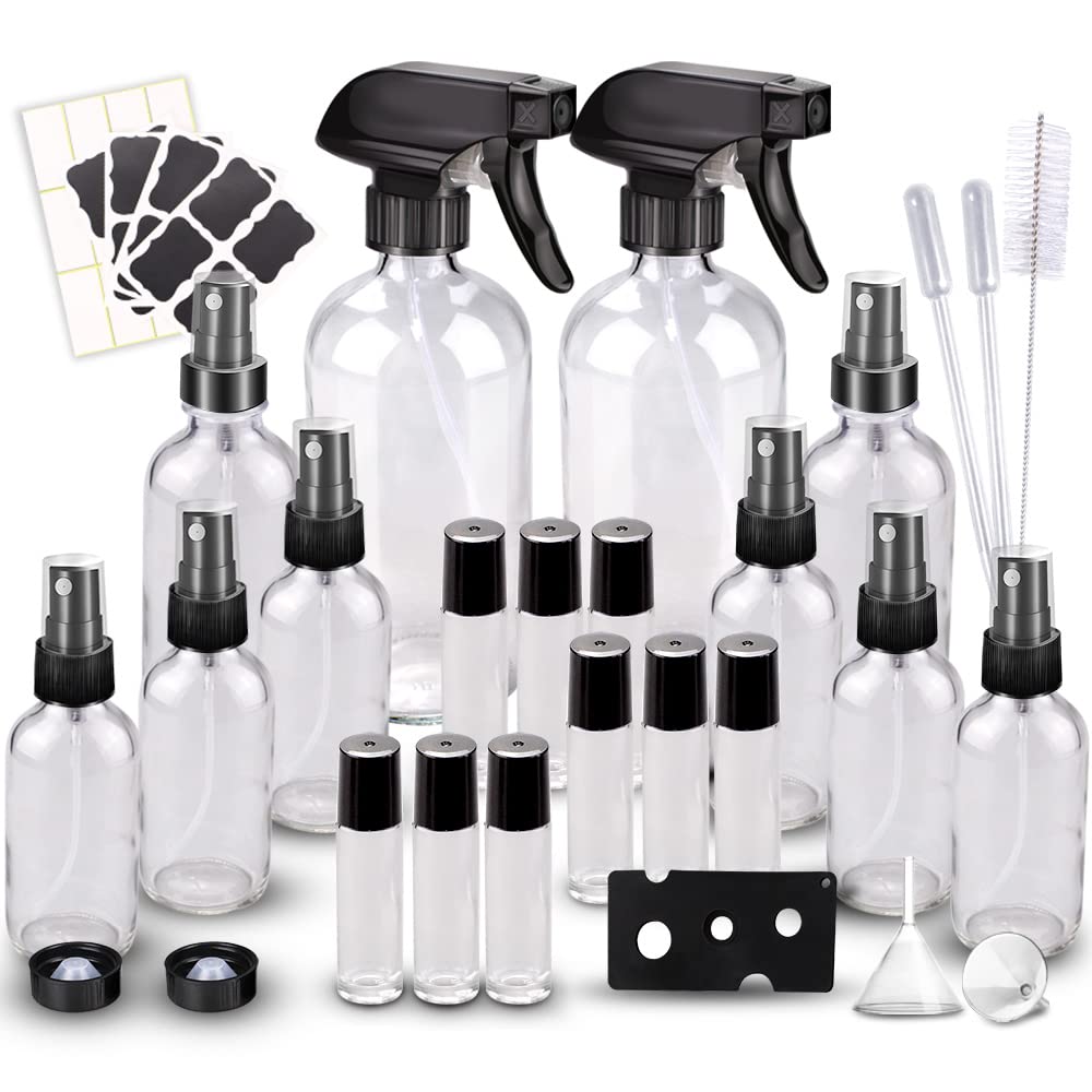 Glass Spray Bottles Kits, BonyTek Empty 12 10 ml Roller Bottles, 12 Clear Essential Oil Bottle (2 x 16oz,2 x 4oz,8 x 2oz) with Labels for Aromatherapy Cleaning Products