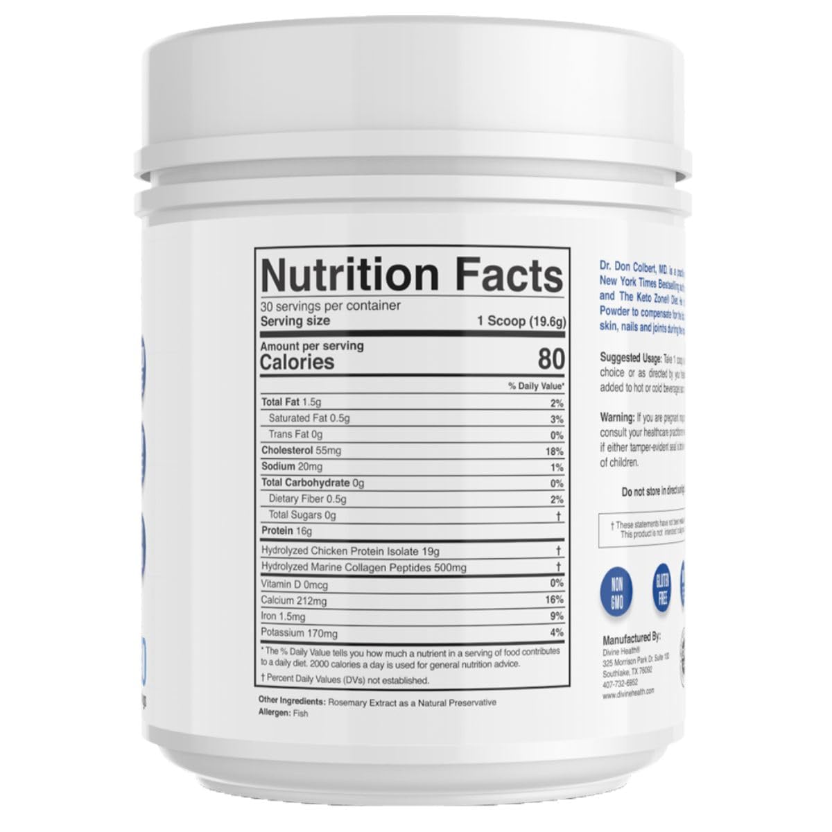 Divine Health Hydrolyzed Collagen Powder | Unflavored | Type I, II, III Chicken & Marine Collagen Peptides | Recommended in Dr. Colbert's Keto Zone Diet Book | Hair, Skin, Nails & Gut Health | 630g