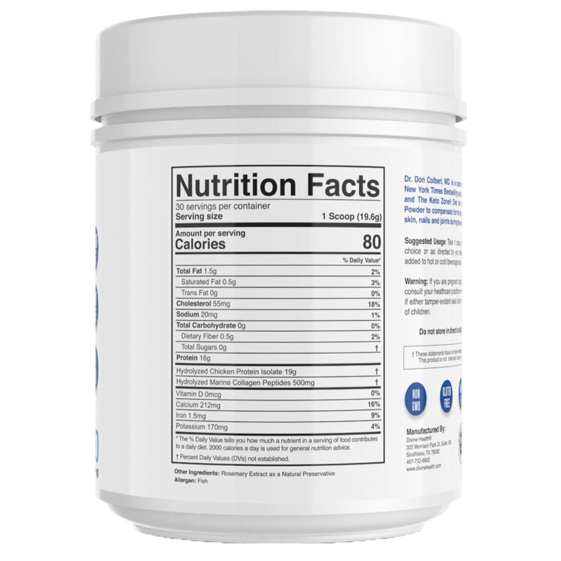 Divine Health Hydrolyzed Collagen Powder | Unflavored | Type I, II, III Chicken & Marine Collagen Peptides | Recommended in Dr. Colbert's Keto Zone Diet Book | Hair, Skin, Nails & Gut Health | 630g