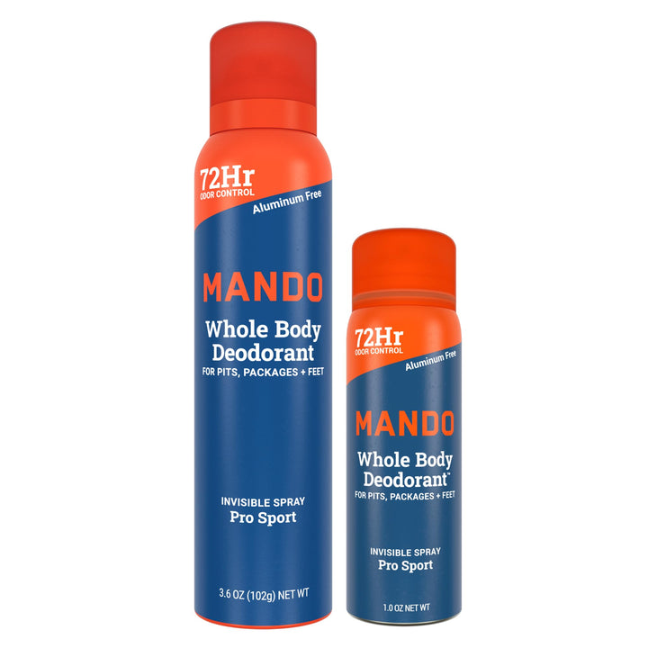 Mando Whole Body Deodorant for Men - Invisible Spray Deodorant (Full Size and Mini) - 72 Hour Odor Control, Aluminum Free, Benzene Free - 3.6 oz and 1.0 oz Cans - Pro Sport Scent