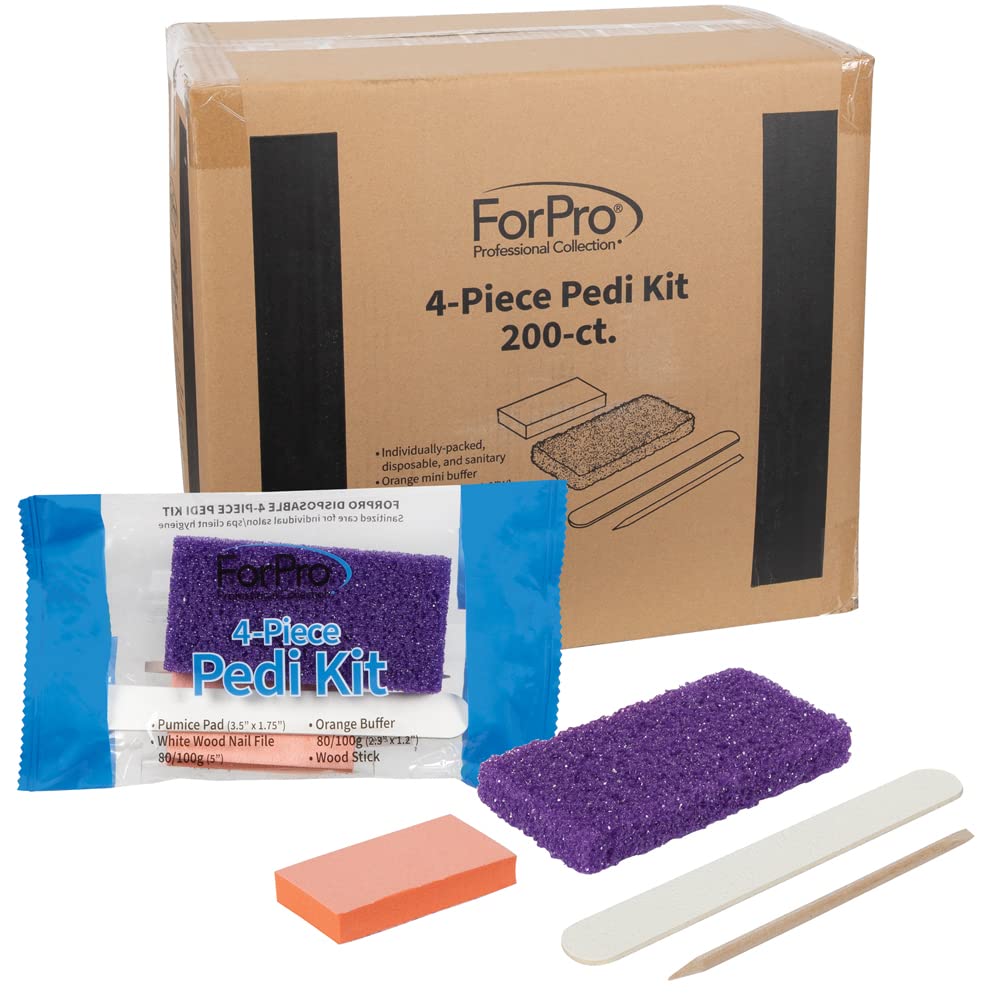 ForPro Basics 4-Piece Pedicure Kit, Purple Pumice Pad, White Wood Nail File 100/180 Grit, Orange Mini Buffer 100/180 Grit, Wood Stick, Individually-Packed, 200-Count