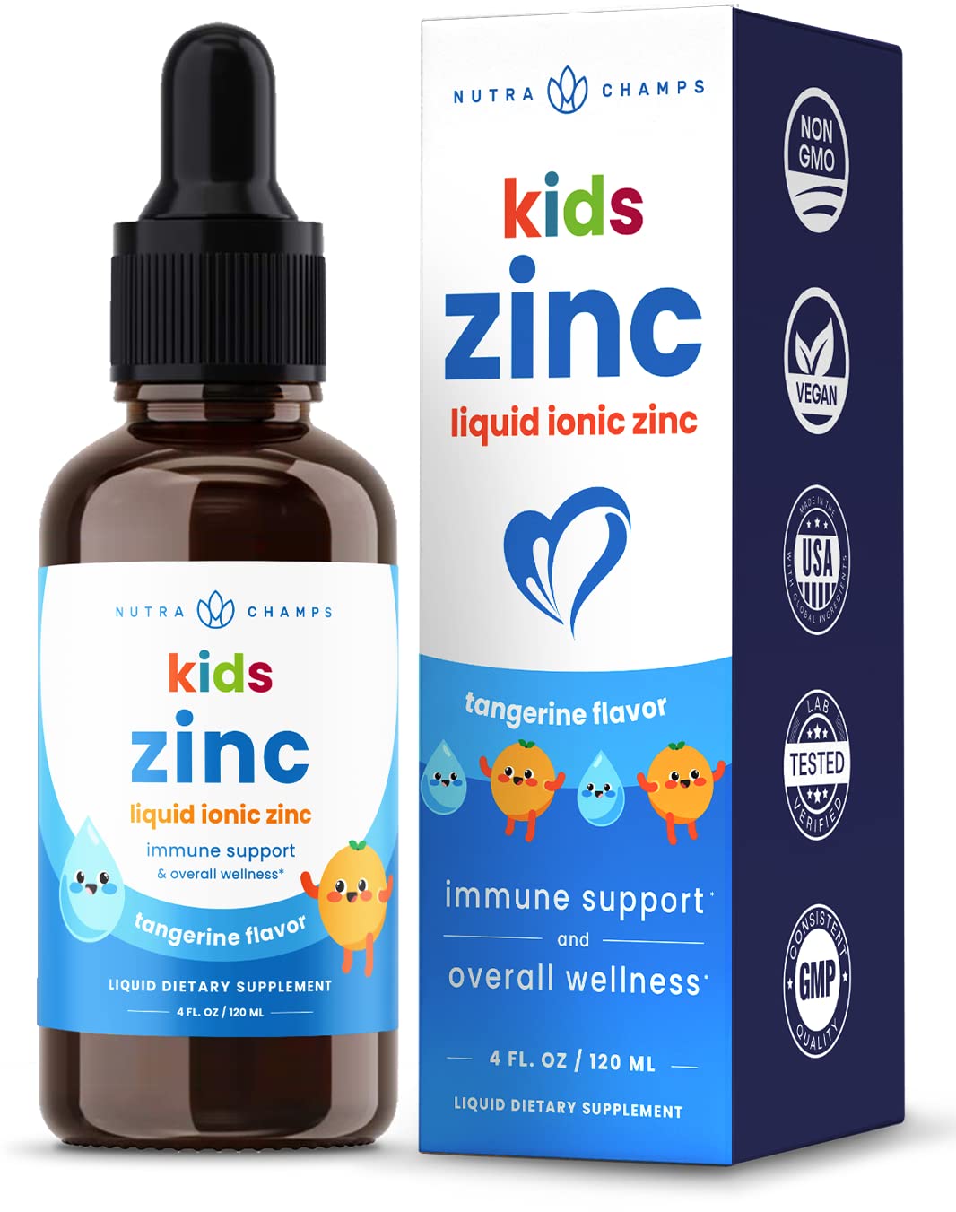 NutraChamps Liquid Zinc Drops for Kids, Ionic Zinc Liquid Drops Enhanced with Vitamin C for Children, Sugar-Free Zinc Liquid 4 oz, Vegan & Non-GMO, Tangerine, 60 Servings, 2 Month Supply
