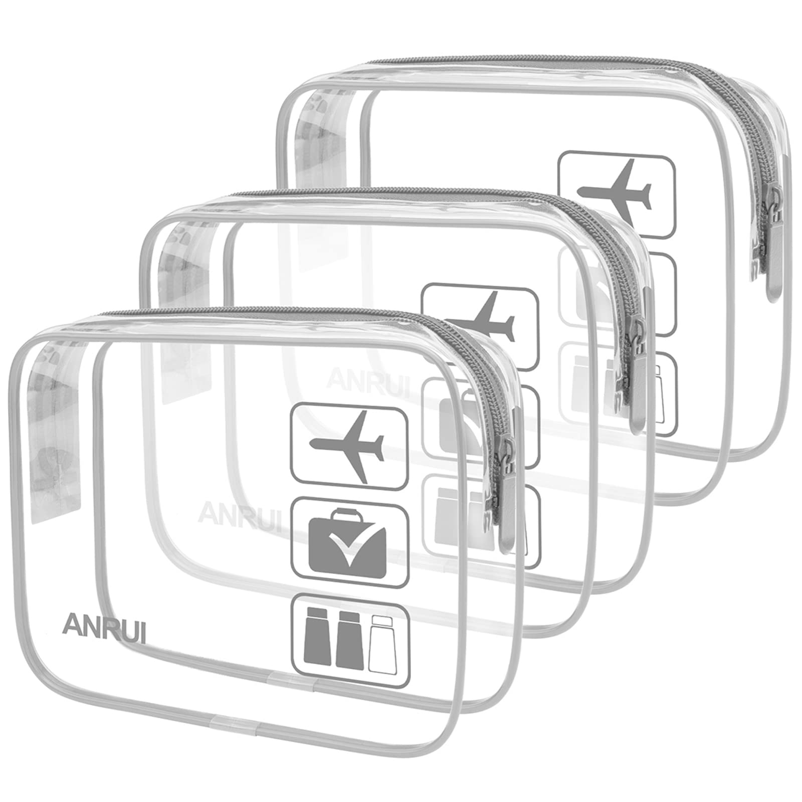 ANRUI TSA Approved Toiletry Bag, Quart Size Travel Toiletry Bags, Clear Toiletry bag Carry On Airport Airline Compliant Bag, Clear Pouch Bag 3 Pack, Grey