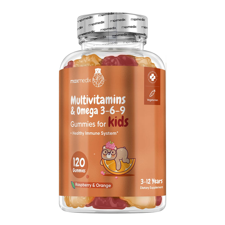 maxmedix Kids Multivitamin Gummies & Omega 3, 6 & 9-120 Gummies (2 Months Supply) - for Healthy Immune System - Enriched with 12 Essential Vitamins - Natural Raspberry & Orange Flavor (3-12 Years)
