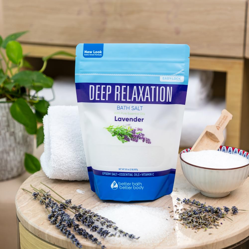 Deep Relaxation Bath Soak Epsom Salt With Lavender Essential Oils & Vitamin C 100% All Natural No Perfumes & Dyes Relieve Tension & Stress Naturally (2 Pounds 32 Ounces)
