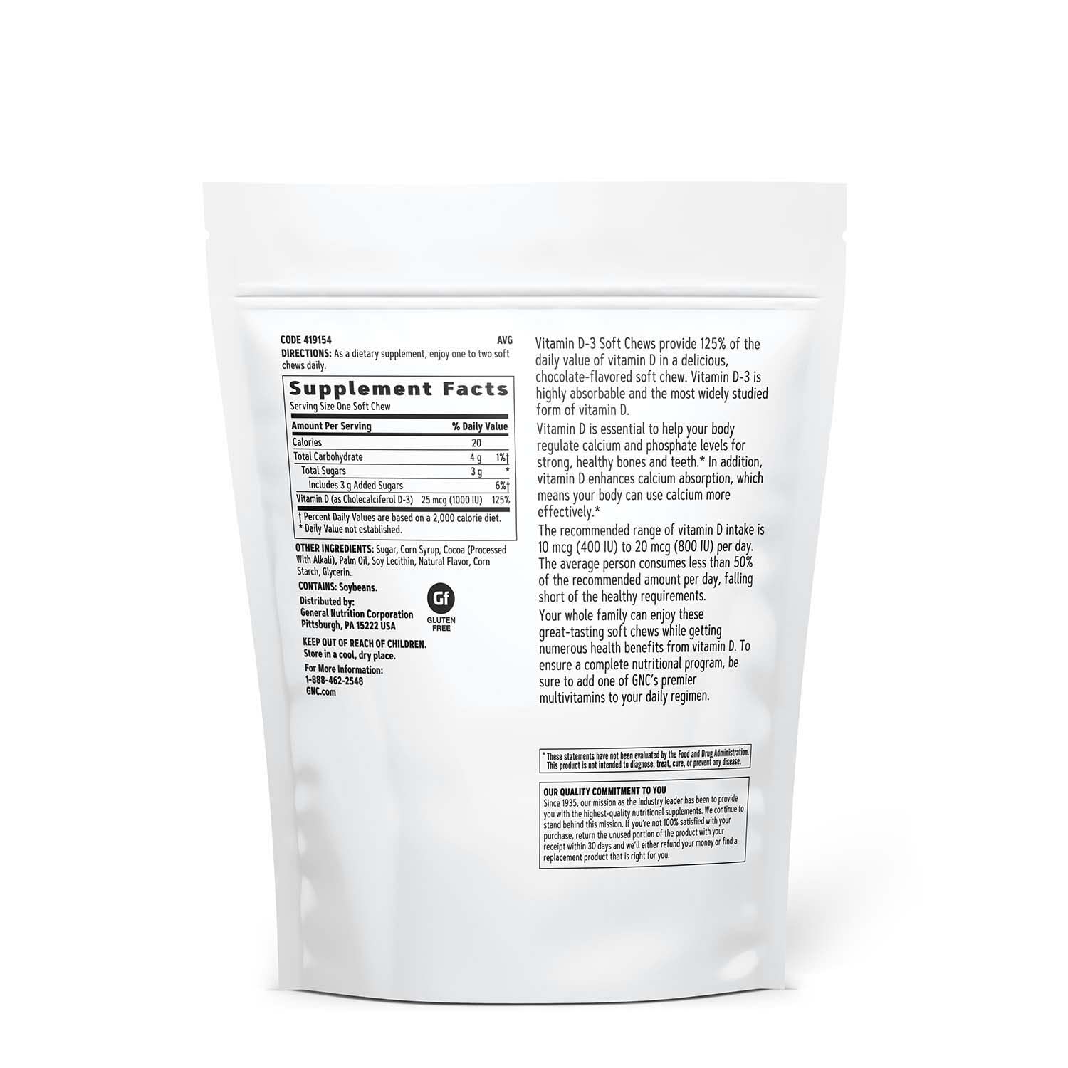 GNC Vitamin D-3 Soft Chews 1000IU - Chocolate - 60 Soft Chews (60 Servings)