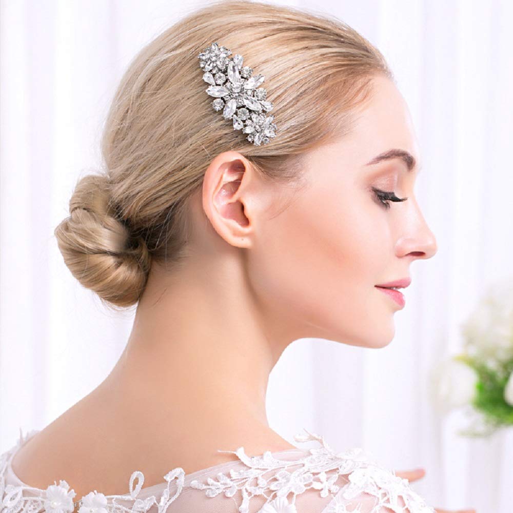 Hapibuy Crystal Wedding Hair Comb Side Bridal Hair Comb Flordal Headpiece Hair Jewelry For Brides And Bridesmaids (Sliver)