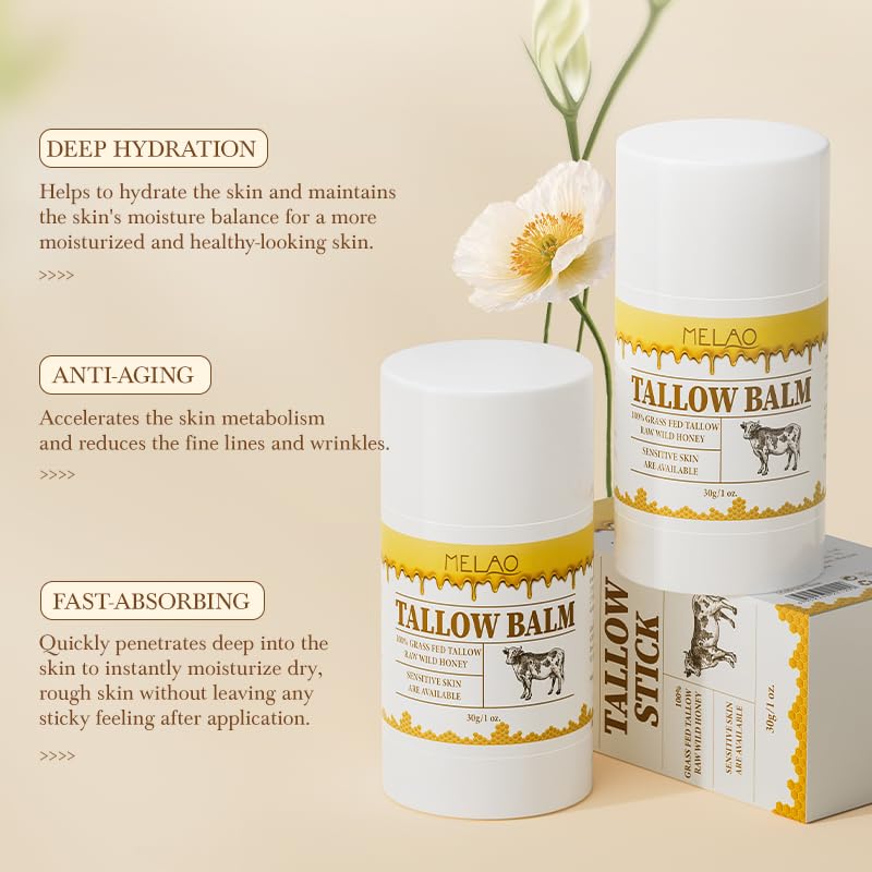 BAISEN DIARY Tallow Balm Stick - Multi-Purpose Moisture Stick for Face & Body, Tallow and Honey Balm for Dry Skin, Lips & Cuticles, Soothing & Hydrating, Beef Tallow Moisturizer