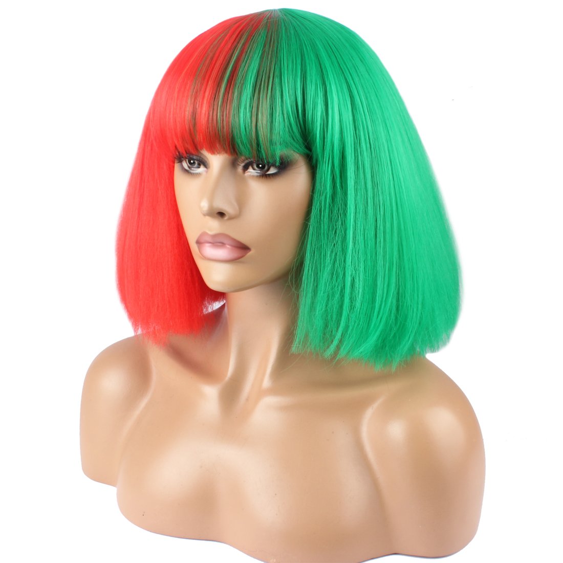 Red And Green: Weken Fashion Wig Women'S Short Bob Kinky Straight Full Bangs Synthetic Hairpieces Red And Green