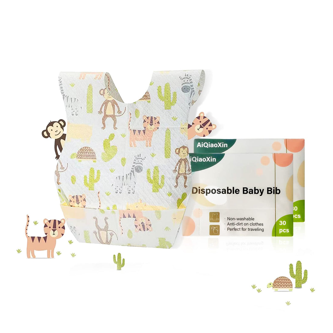 AiQiaoXin 30/60pcs Baby Disposable Bibs-Individually Packaged,Soft, Leak Proof and Convenient, disposable bibs for toddlers (30 PCS Animal pattern)