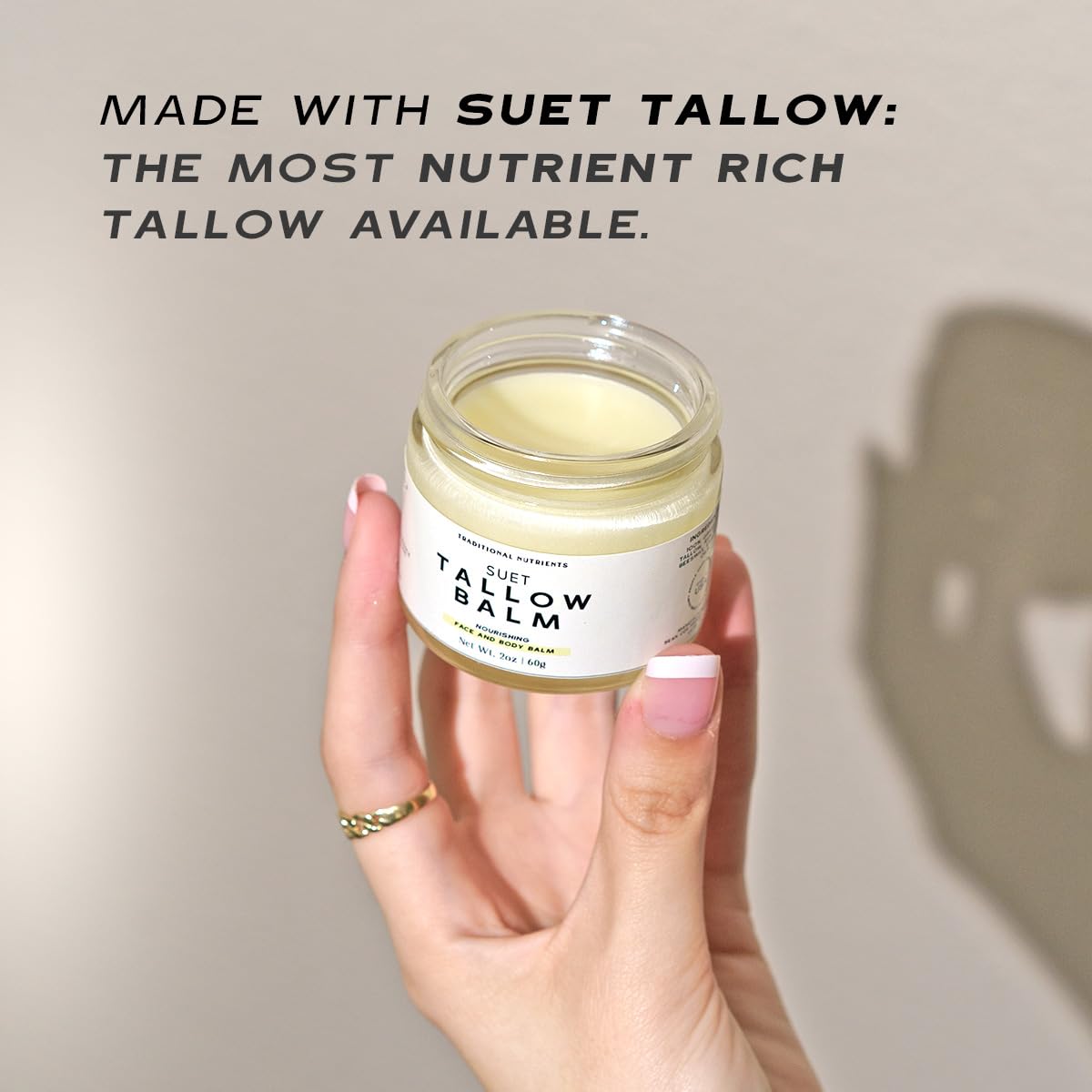 TRADITIONAL NUTRIENTS Suet Beef Tallow + Raw Honey Balm for Skin with Vanilla Essential Oil, Natural Grass Fed Tallow Moisturizer for Face and Body (2oz)