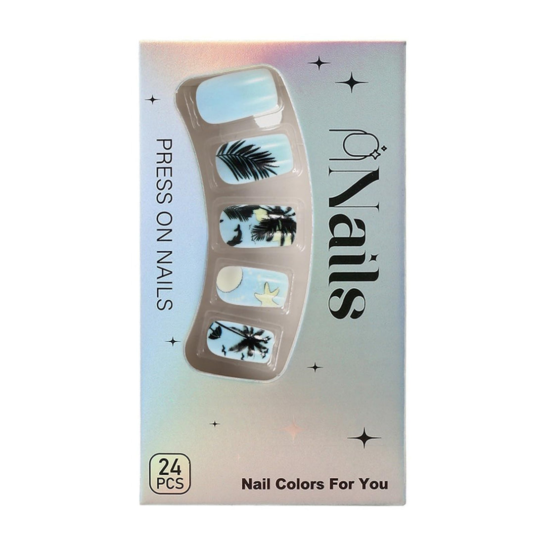Summer Press on Nails Medium Square Fake Nails with Coconut Tree Starfish Fish Designs Blue Seagull Beach Palm Pattern False Nails Tropical Full Cover Glossy Artificial Acrylic Stick on Nails 24Pcs