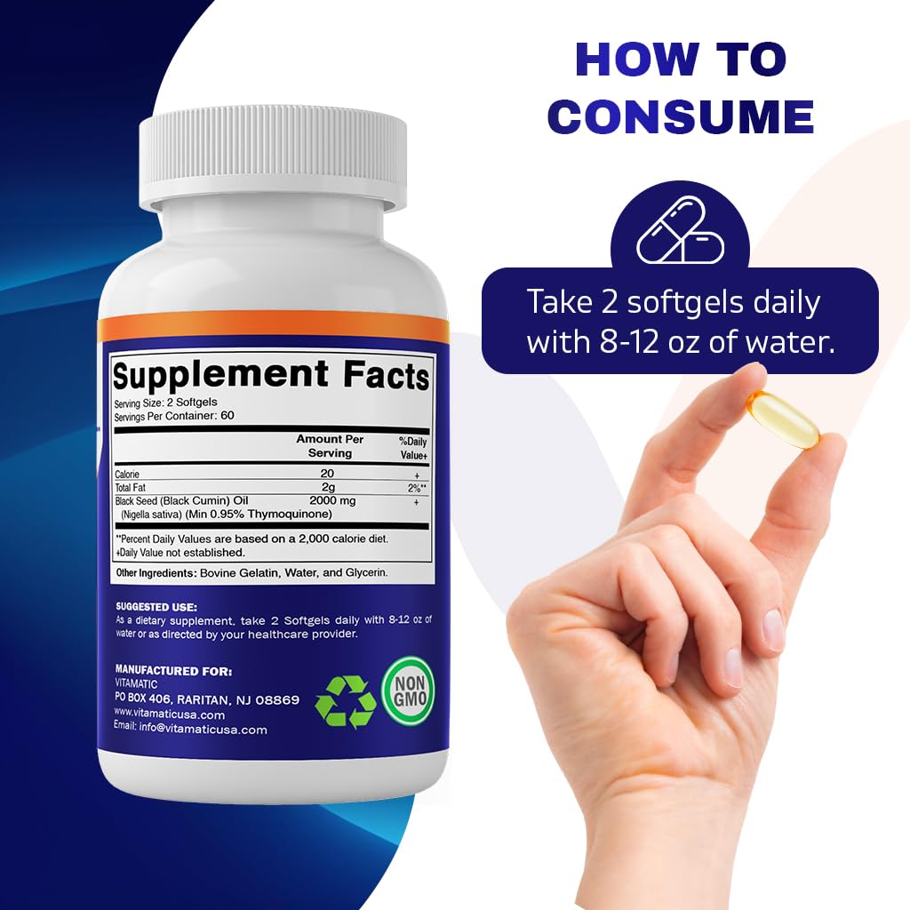 Vitamatic Black Seed Oil Capsules - 2000 mg per Serving - 120 Softgels - Cold Pressed - Contains Min 0.95% Thymoquinone - Supports Healthy Immune Response - Made in The USA