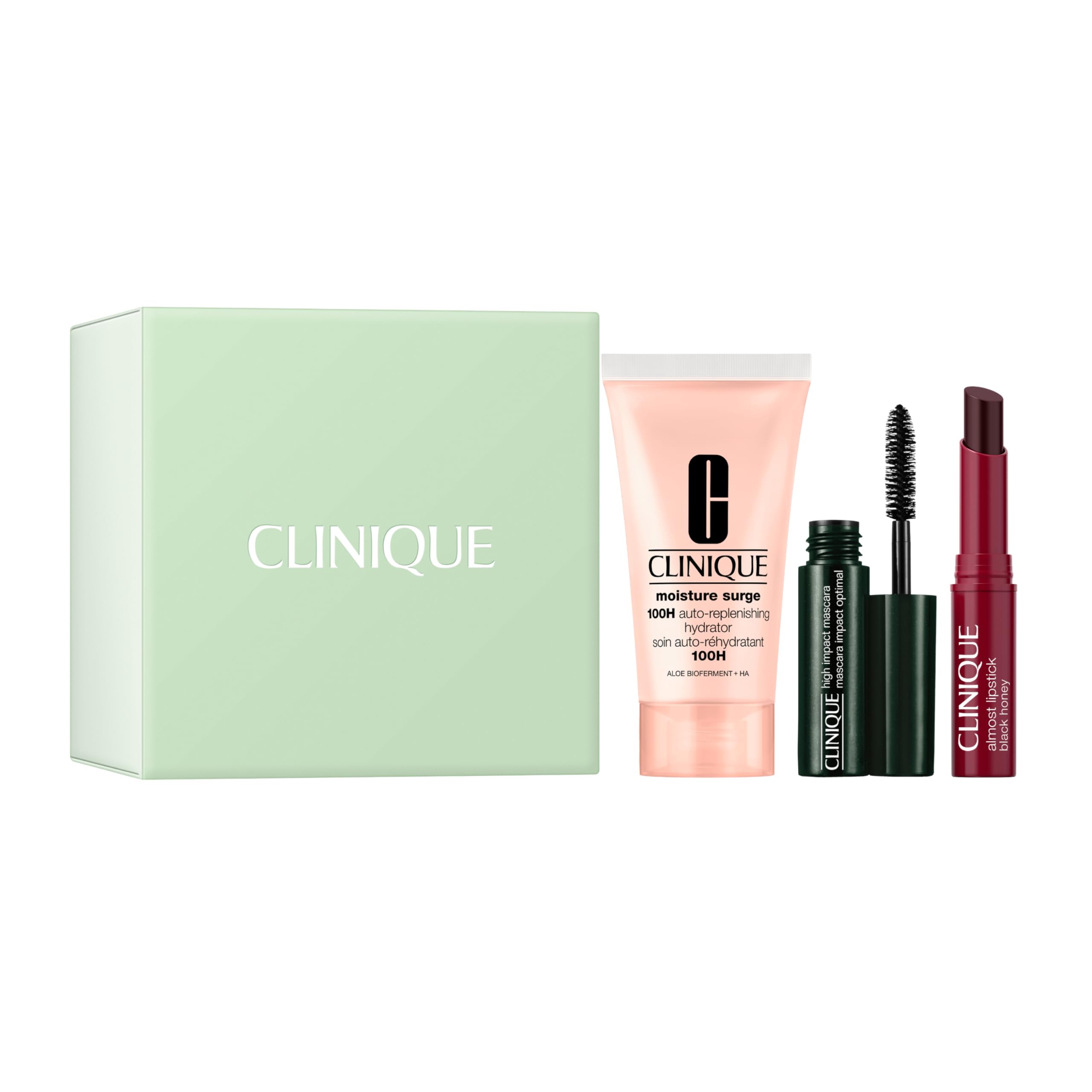 Clinique Icons Set | Almost Lipstick in Black Honey, Mini Travel Size | Moisture Surge 100H Moisturizer, Mini Travel Size, 1 Fl Oz| High Impact Mascara, Mini Travel Size | Hydrating + Glow