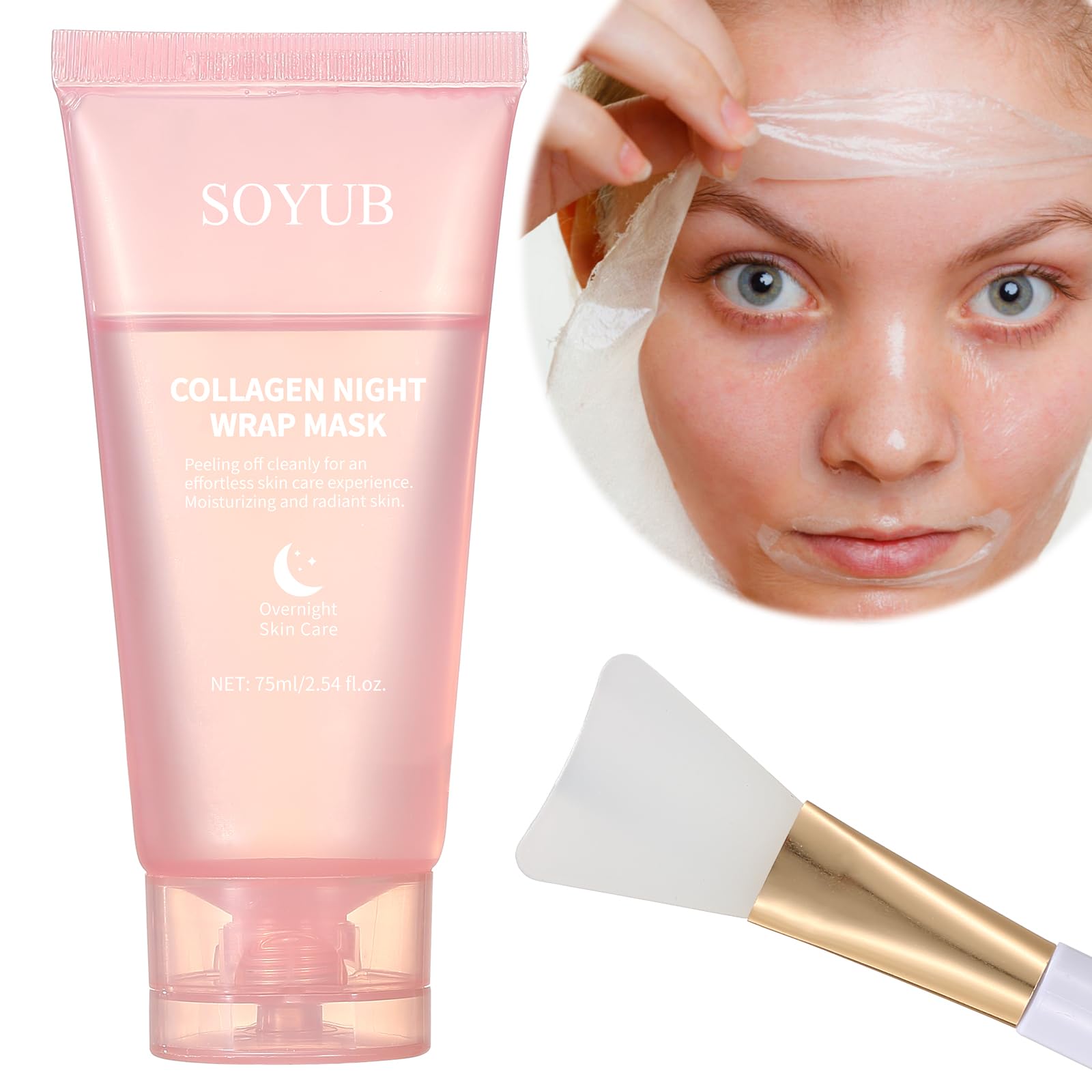 Collagen Night Wrapping Mask with Jelly Brush, Collagen Peel Off Facial Mask, Elasticity & Hydration, Natural Ingredients for Firmer Skin, Reduces Sagging & Dullness, Korean Skin Care