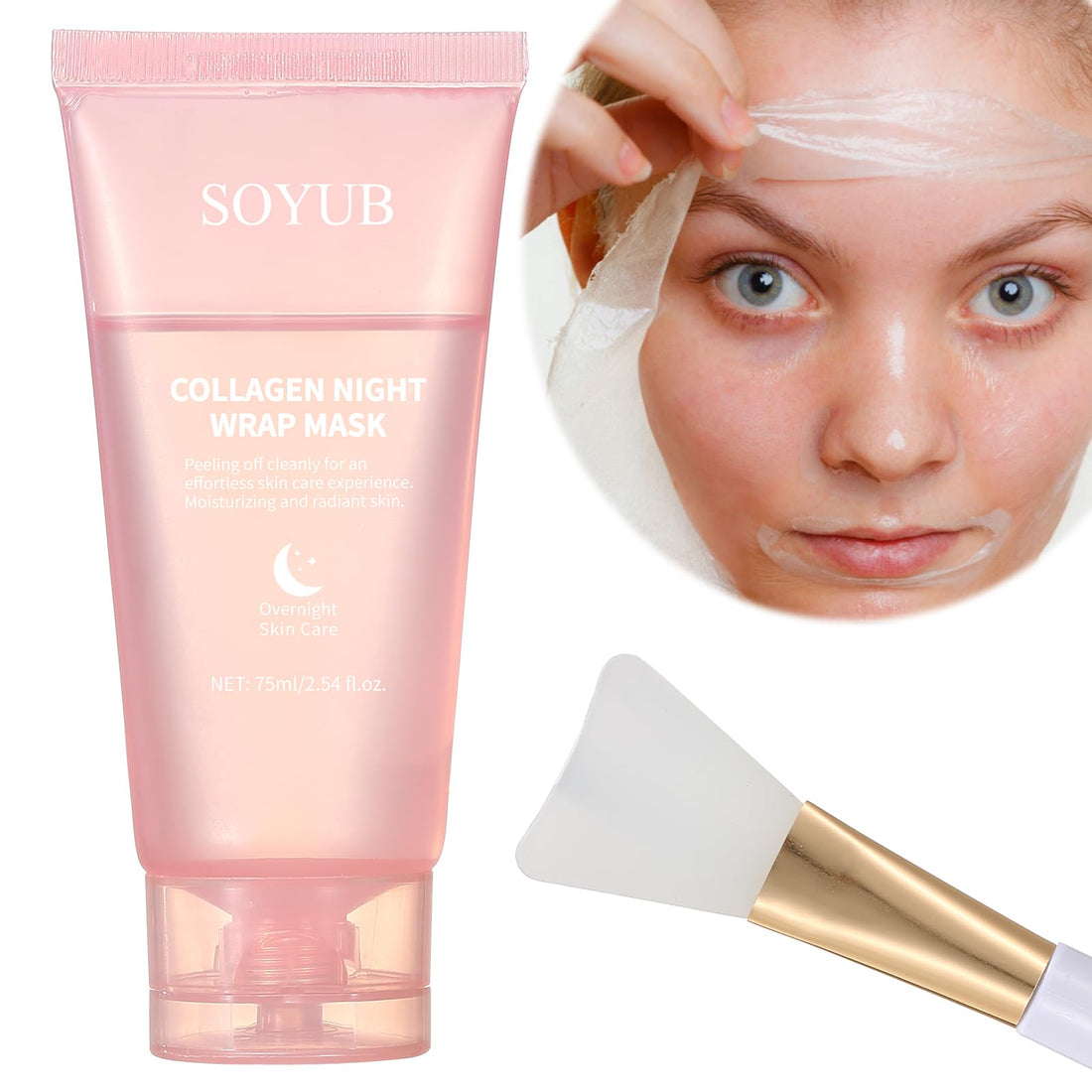 Collagen Night Wrapping Mask with Jelly Brush, Collagen Peel Off Facial Mask, Elasticity & Hydration, Natural Ingredients for Firmer Skin, Reduces Sagging & Dullness, Korean Skin Care