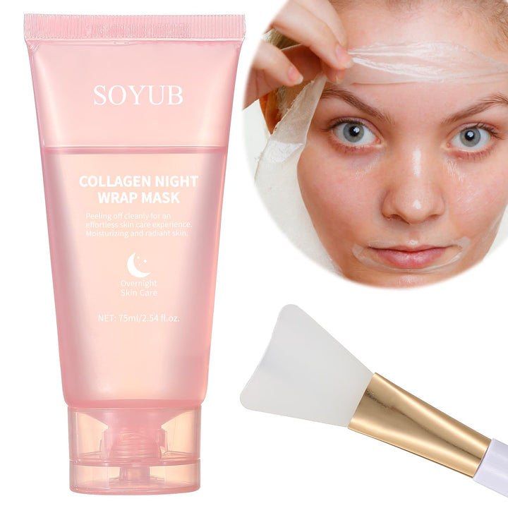 Collagen Night Wrapping Mask with Jelly Brush, Collagen Peel Off Facial Mask, Elasticity & Hydration, Natural Ingredients for Firmer Skin, Reduces Sagging & Dullness, Korean Skin Care