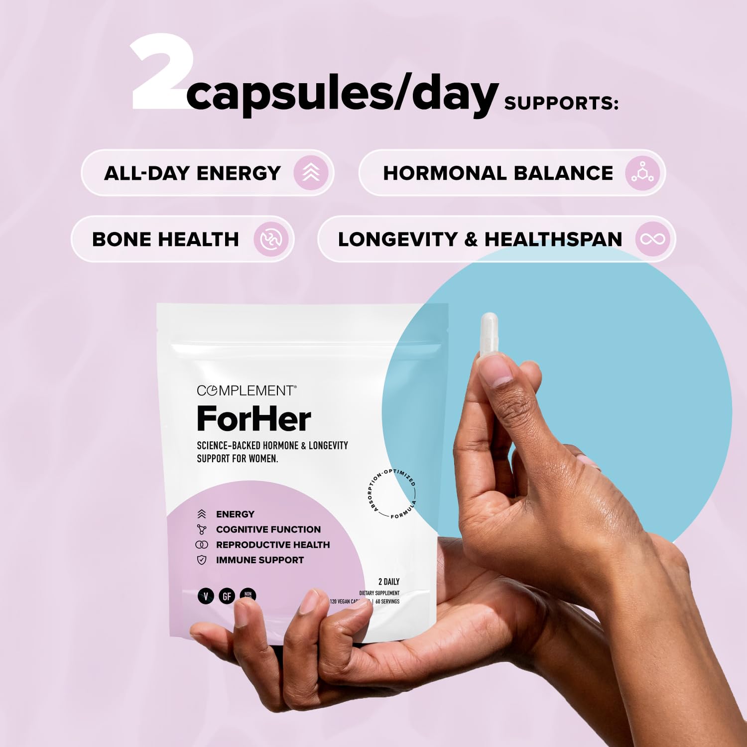 Complement ForHer Multivitamin - Hormone Balance for Women (60 Servings) Inositol Supplement, Longevity Support- B9, Iron - 120 Capsules