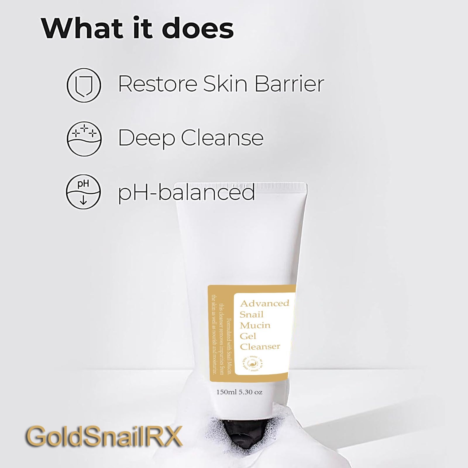 GoldSnailRX Advanced Snail Mucin Gel Cleanser, 5.07 Fl oz/150 ml Rich Daily Deep Cleansing for Dry & Sensative Skin Luxury Korean Skincare Not Tested on Animals No Parabens