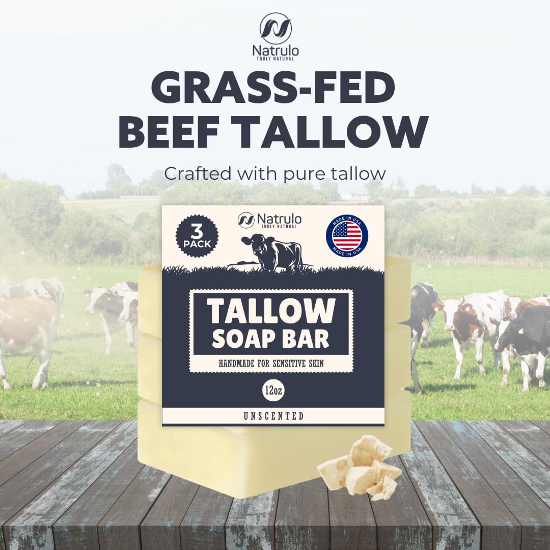 Beef Tallow Soap Bar – All Natural Grass Fed Tallow Soap Unscented – Moisturizing Face & Body Wash Great for Eczema, Dry, Itchy, Sensitive Skin – Handcrafted Bath Soap for Adults, Kids, Made in USA