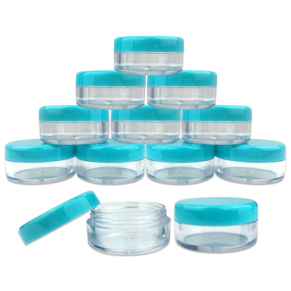 (Quantity: 100 Pieces) Beauticom 5G/5ML Round Clear Jars with TEAL Sky Blue Lids for Scrubs, Oils, Toner, Salves, Creams, Lotions, Makeup Samples, Lip Balms - BPA Free
