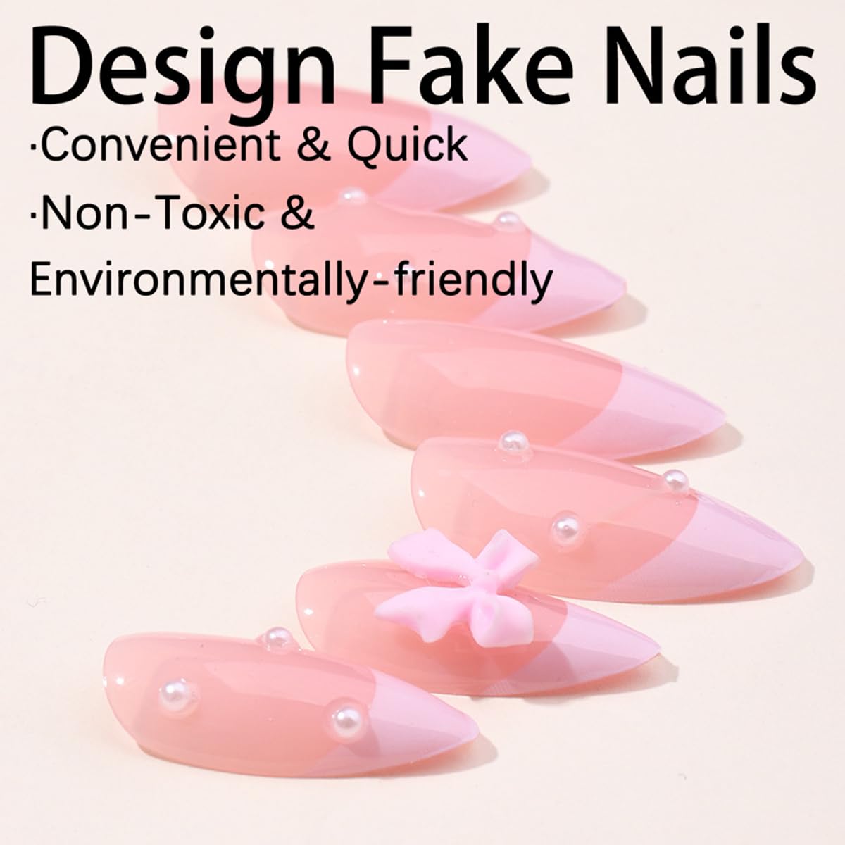 24pcs French Press on Nails, Almond Shape, Pink, with Bow & Pearl Design, French Tip, Luxury Glue on, Full Cover Artificial Nails for Women