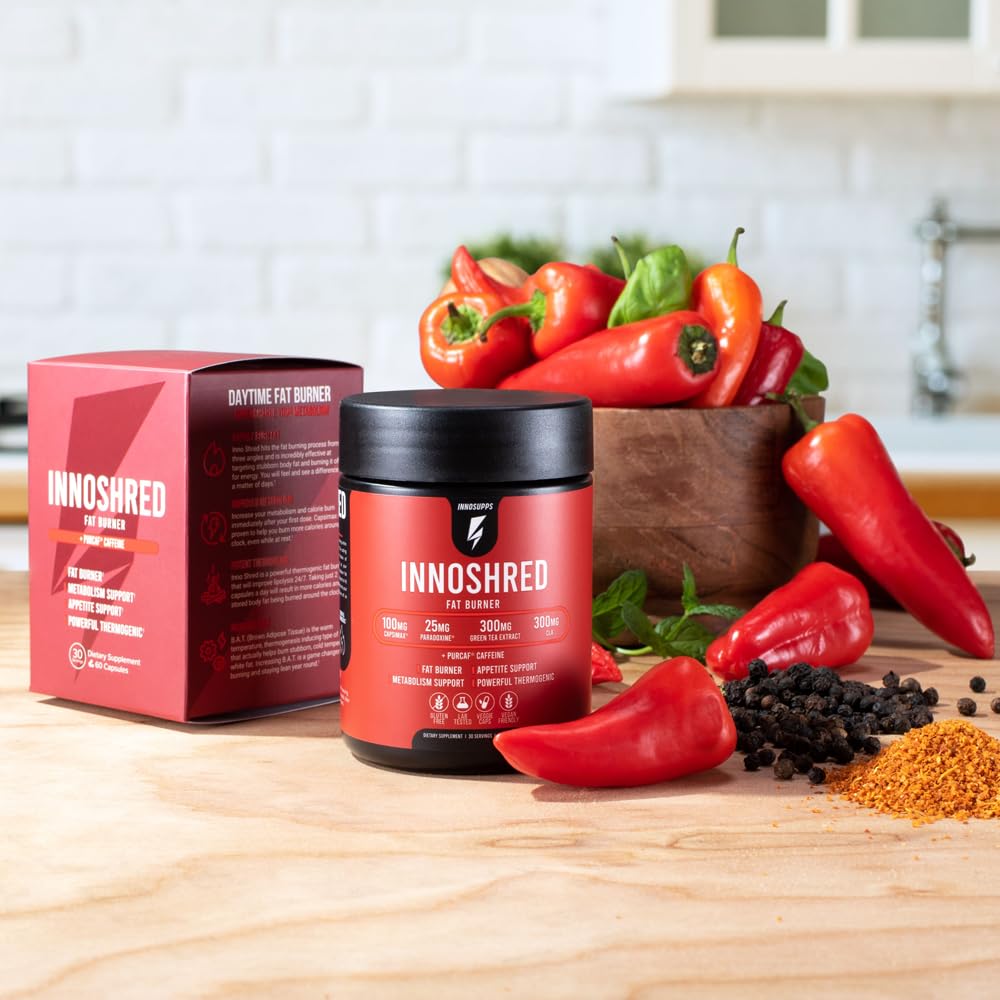 Inno Shred Fat Burner for Men and Women with 100mg Capsimax, Grains of Paradise, Organic Caffeine, Green Tea Extract, Appetite Suppressant, Weight Loss (60 Veggie Capsules) | (with Stimulant)