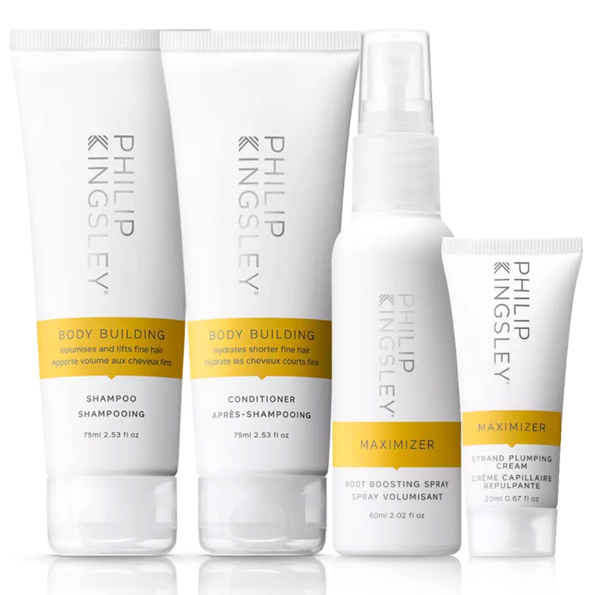 Philip Kingsley | Body Building Volumizing Collection | Includes Shampoo, Conditioner, Root Boosting Volumizer Spray and Hair Plumping Volume Cream | Lifts Fine, Limp, Flat, Flyaway Hair | Set Of 4