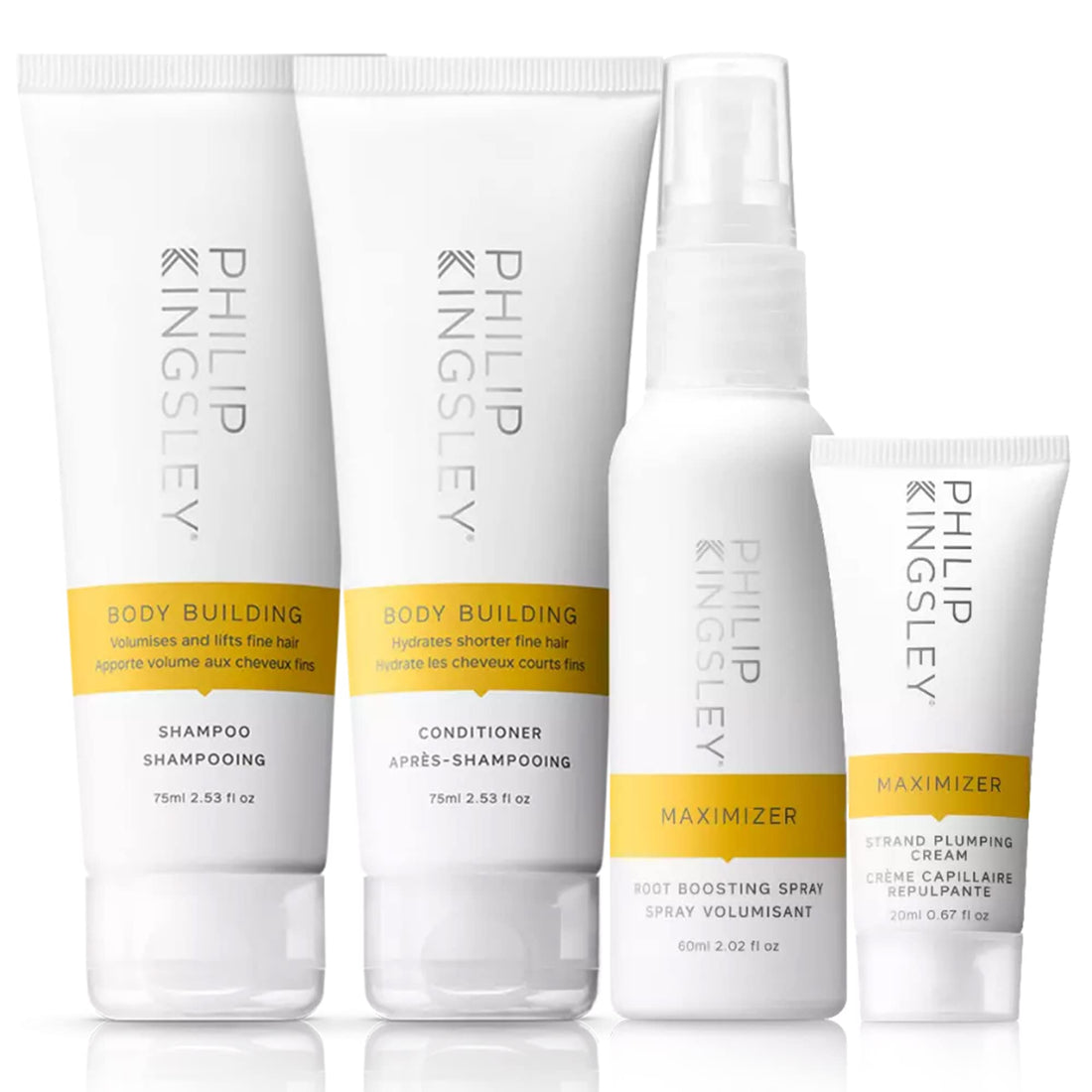 Philip Kingsley | Body Building Volumizing Collection | Includes Shampoo, Conditioner, Root Boosting Volumizer Spray and Hair Plumping Volume Cream | Lifts Fine, Limp, Flat, Flyaway Hair | Set Of 4