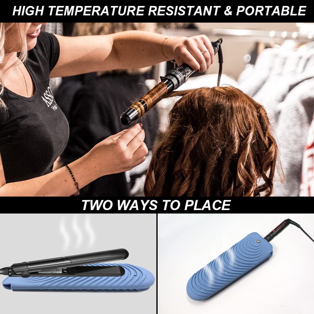 Heat Resistant Silicone Mat Pouch for Hair Straightener, Non-Slip Travel Pad Cover for Curling & Flat Iron, Portable Styling Heat Mat Holder for Curler Wand and Hot Waver (Blue)