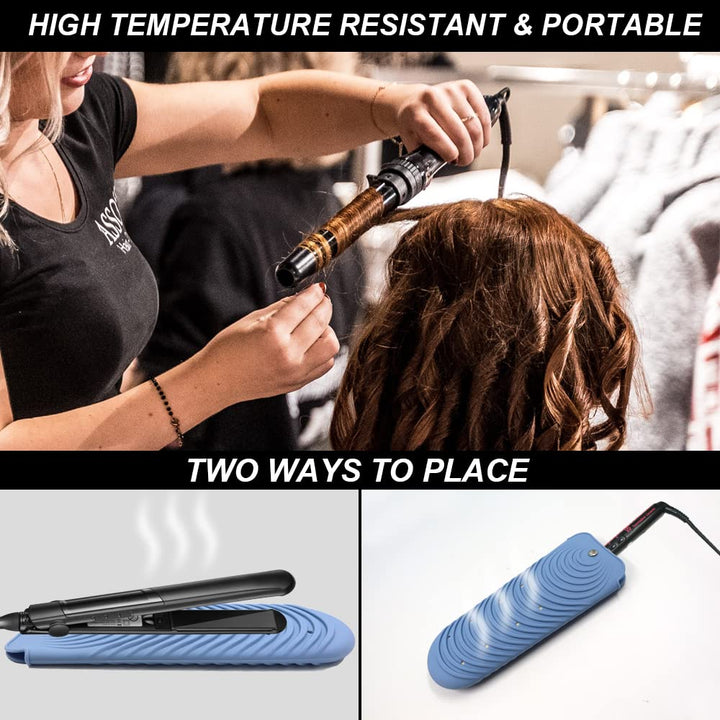 Heat Resistant Silicone Mat Pouch for Hair Straightener, Non-Slip Travel Pad Cover for Curling & Flat Iron, Portable Styling Heat Mat Holder for Curler Wand and Hot Waver (Blue)