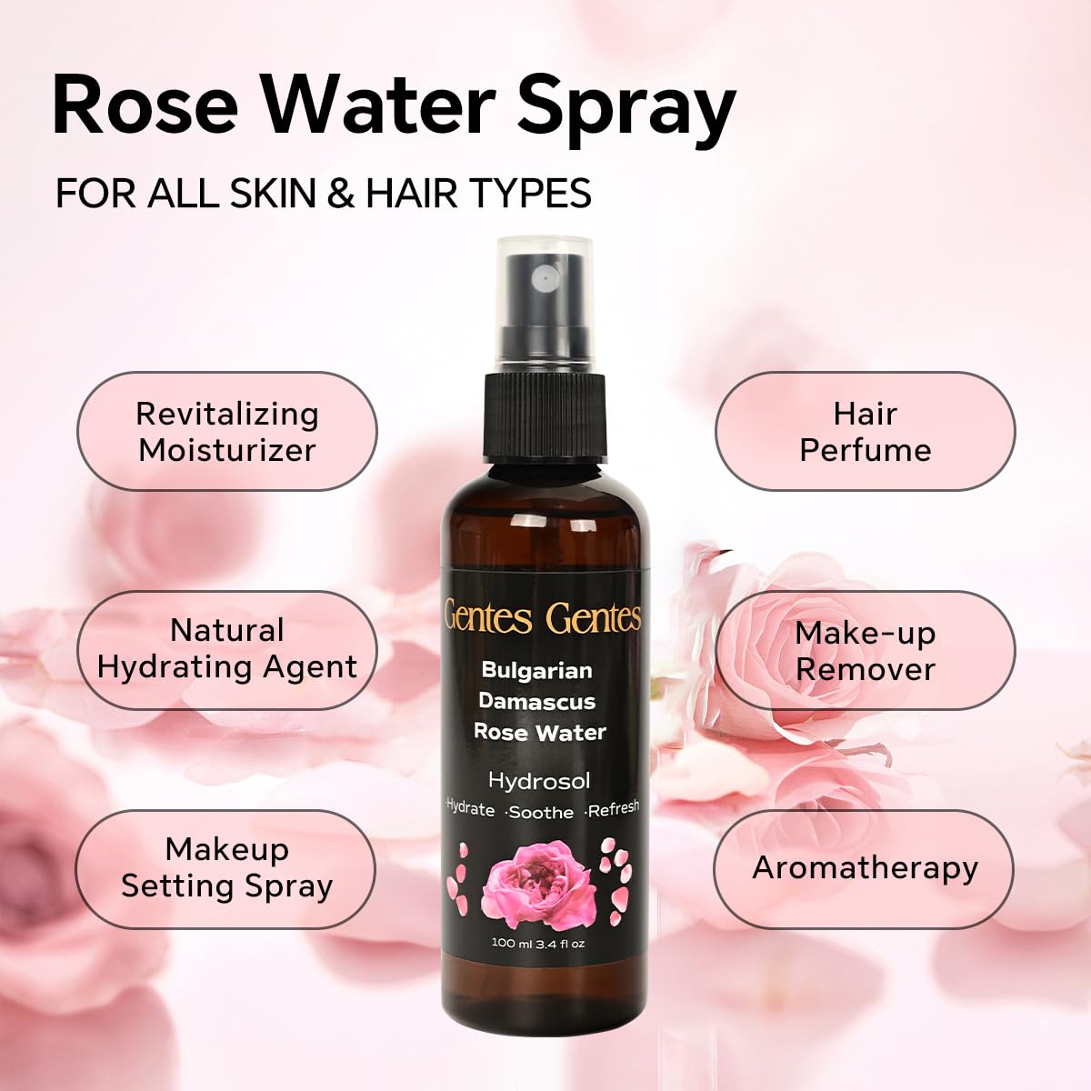 100% Pure Bulgarian Damascus Rose Water Hydrosol – Luxury Facial Toner for Hydration & Radiant Skin, Body Mist & Pillow Spray | Natural Skincare | 3.4 fl oz